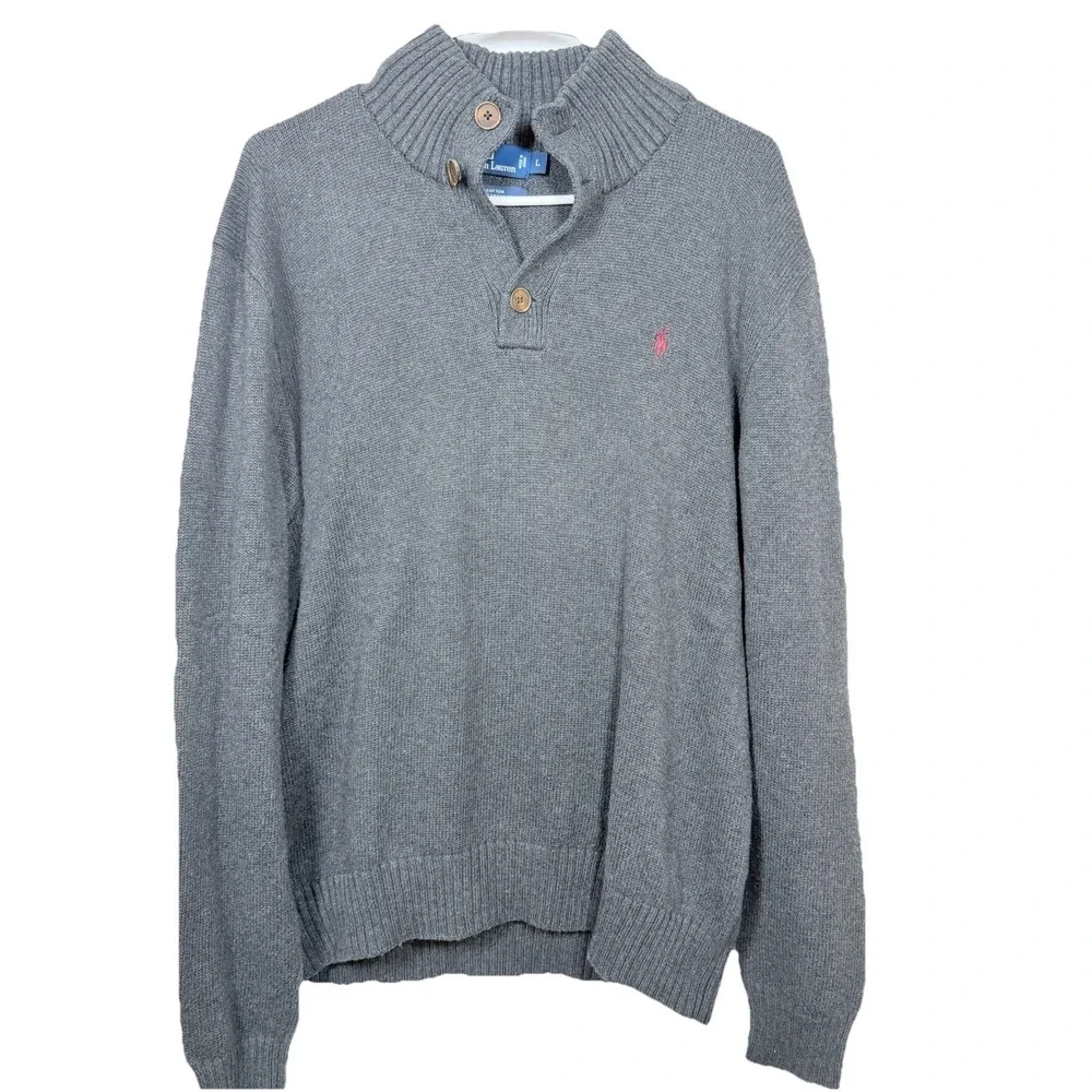 Vintage Polo Ralph Lauren‎ Sweater Mens Large Gray Cotton Shawl Collar Mock Neck